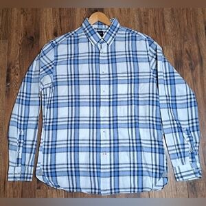 Benson New York Men's Button  Down Shirt 100% Linen White Blue Check Large